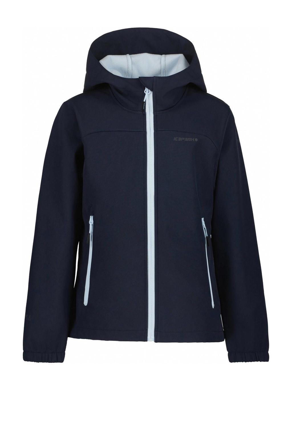 Donkerblauwe meisjes Icepeak jas Kobryn van softshell materiaal met effen, lange mouwen, capuchon en ritssluiting