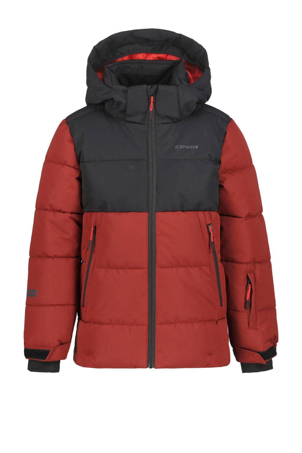 Donkerrood en zwarte jongens Icepeak ski-jas Louin van polyester met effen, capuchon en rits met windvanger