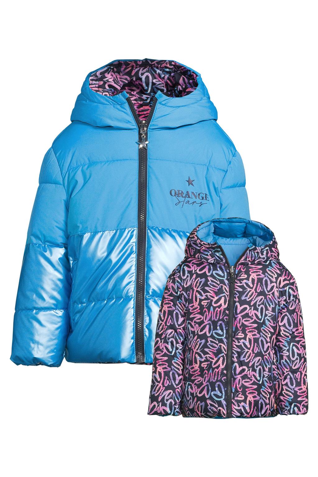 Blauwe meisjes Orange Stars reversible colourblock jas Isa all-over print van polyester met lange mouwen en capuchon