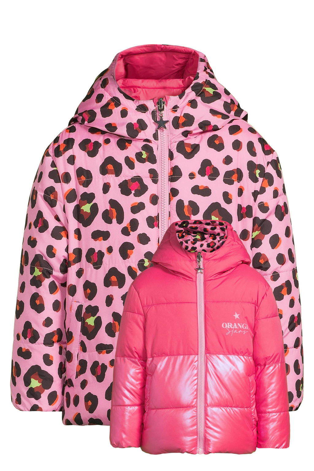 Lichtroze meisjes Orange Stars reversible colourblock jas Isa van polyester met bloemenprint, lange mouwen en capuchon