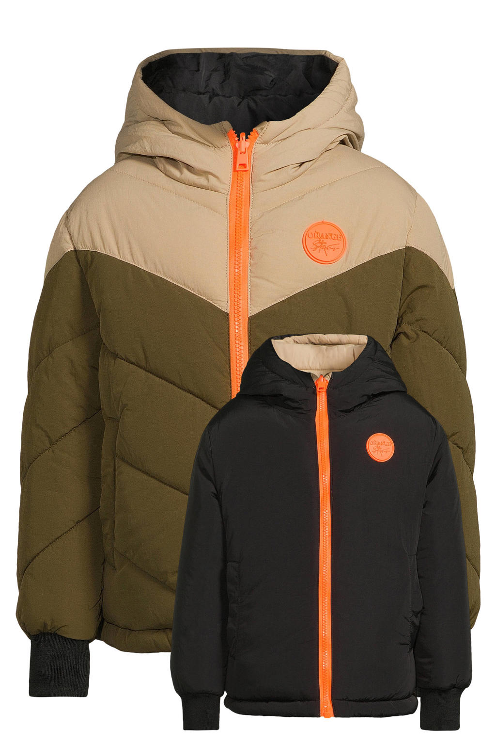 Kaki, beige en zwarte jongens Orange Stars gewatteerde reversible colourblock jas Otis Khaki met effen en lange mouwen