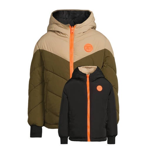 Orange Stars gewatteerde reversible colourblock jas Otis Khaki/beige/zwart afbeelding