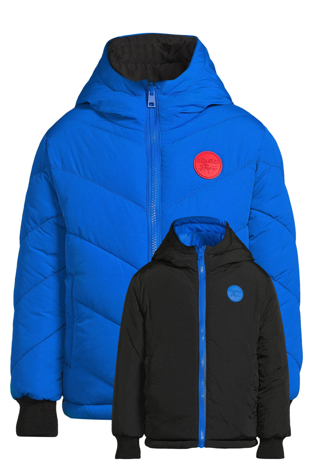 Blauw en zwarte jongens Orange Stars gewatteerde reversible jas Otis met effen, lange mouwen en capuchon