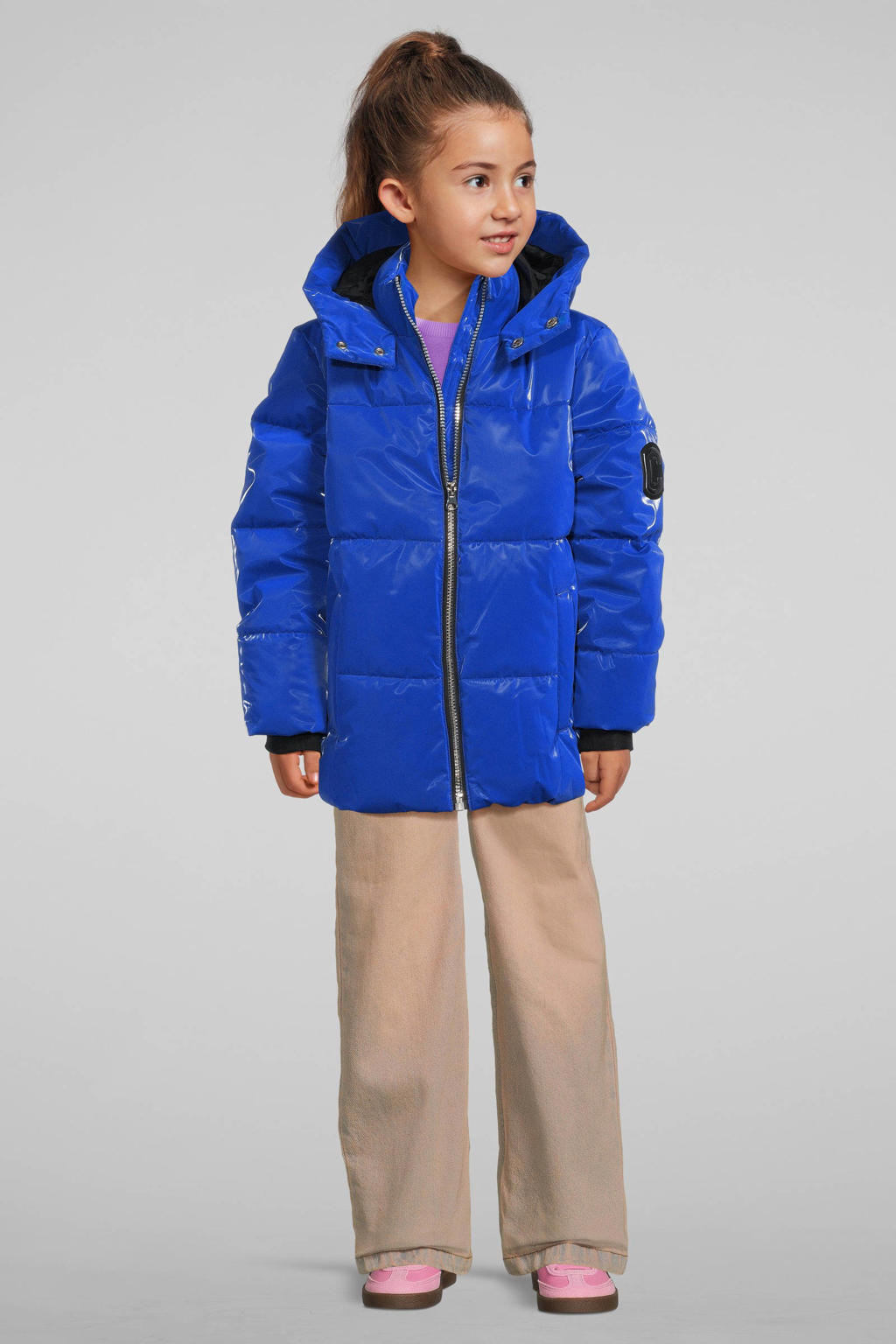 Blauwe meisjes Coolcat gecoate pufferjas logo Jessy van polyester met lange mouwen, capuchon, ritssluiting en glimmend detail