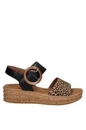 leren sandalen met panterprint zwart/beige