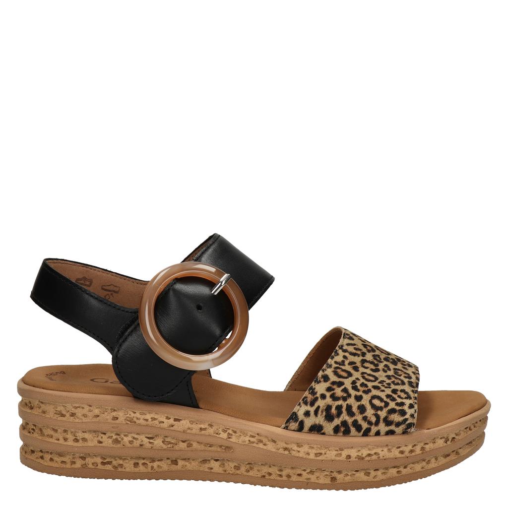 Zwart en beige dames Gabor leren sandalen met klittenband en panterprint
