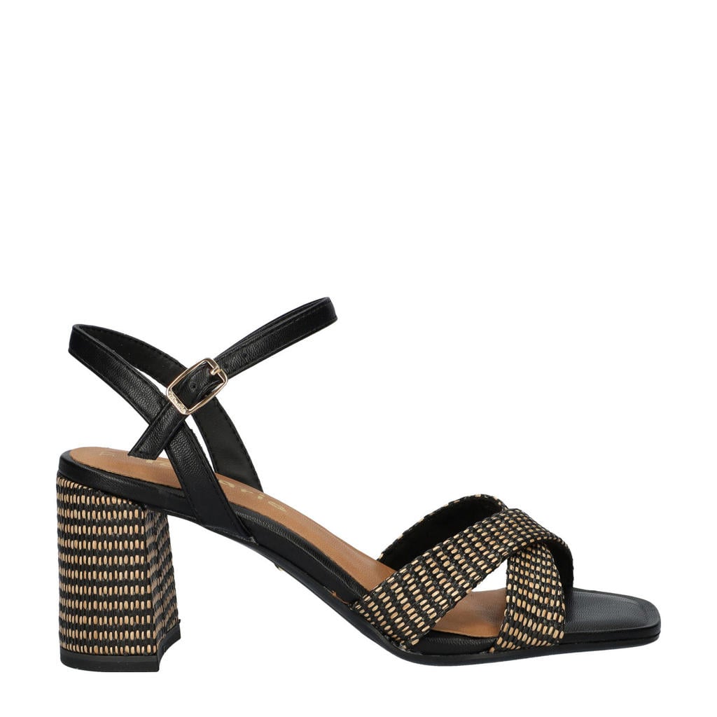 Zwarte dames Tamaris sandalettes van raffia met blokhak