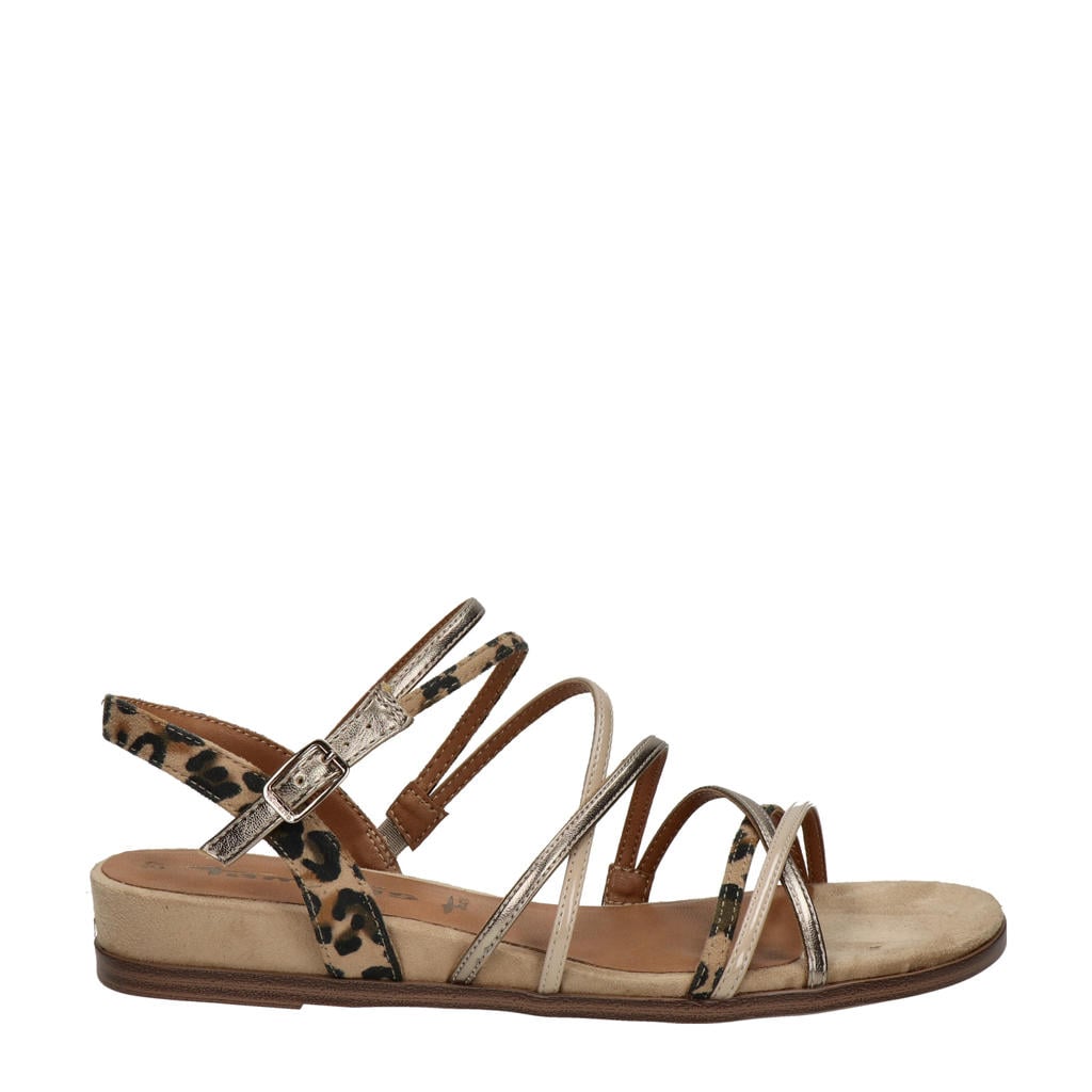 Beige en gouden dames Tamaris sandalen van imitatieleer met sleehak, gesp en effen