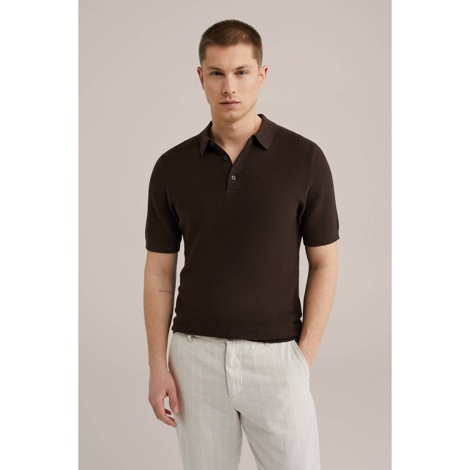 WE Fashion linnen regular polo gebreid donkerbruin