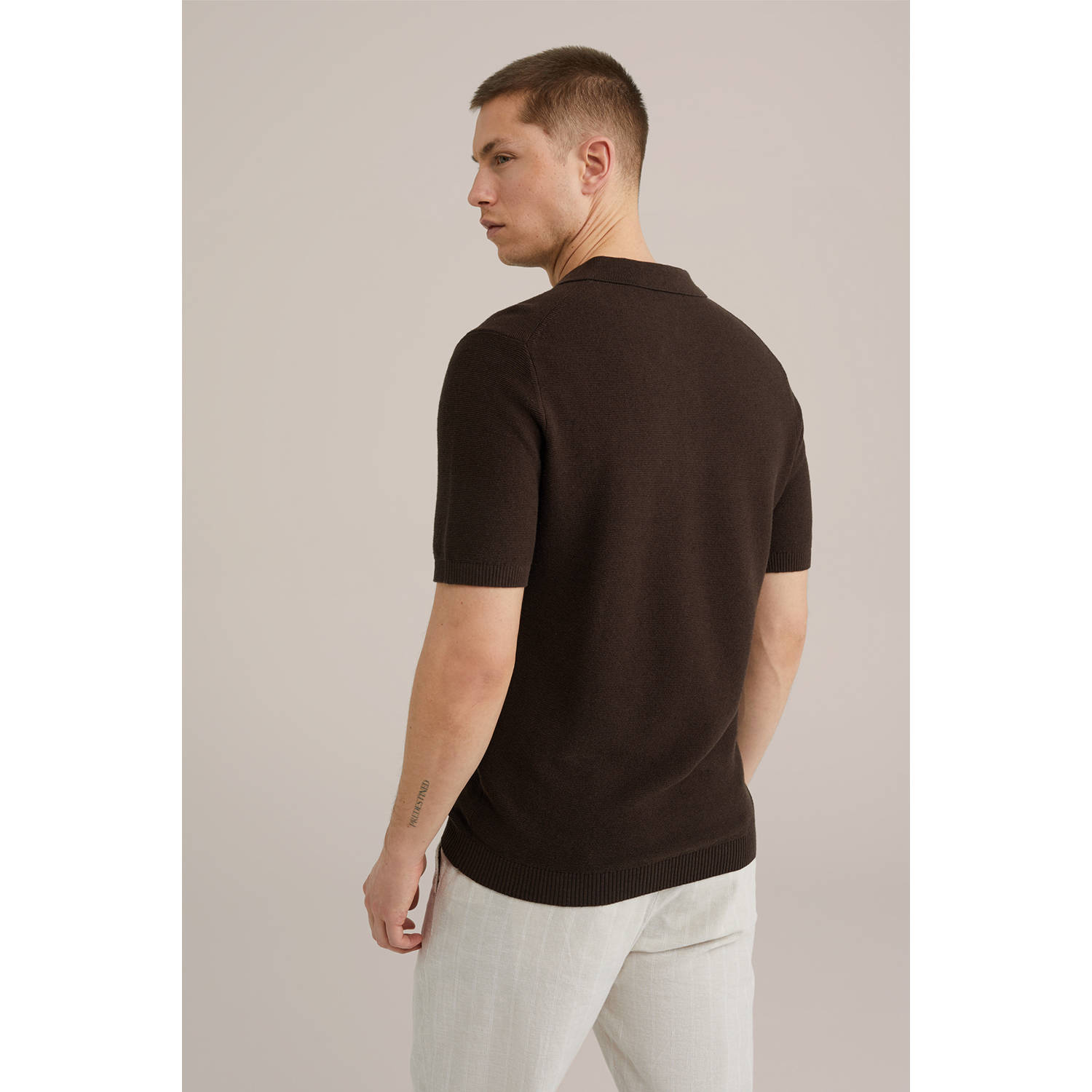 WE Fashion linnen regular polo gebreid donkerbruin