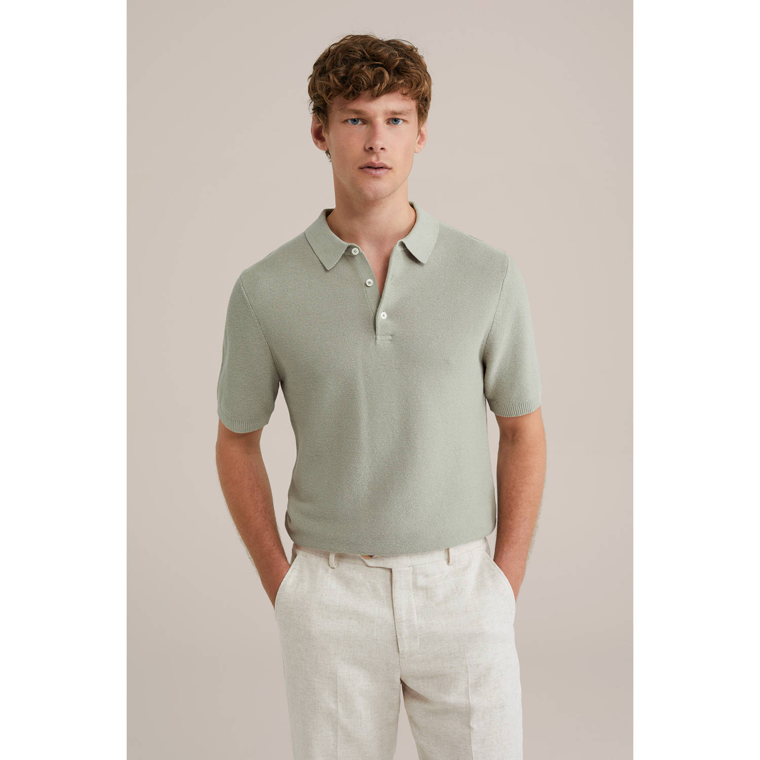 WE Fashion linnen regular polo gebreid lichtgroen