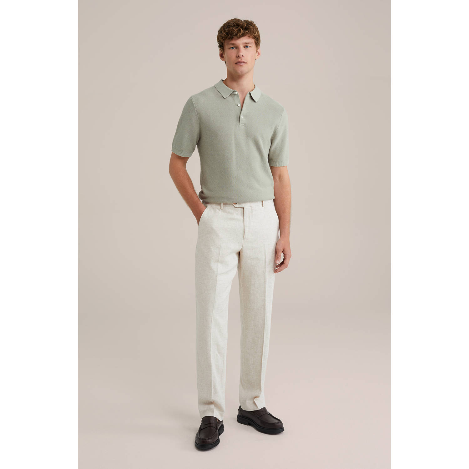WE Fashion linnen regular polo gebreid lichtgroen