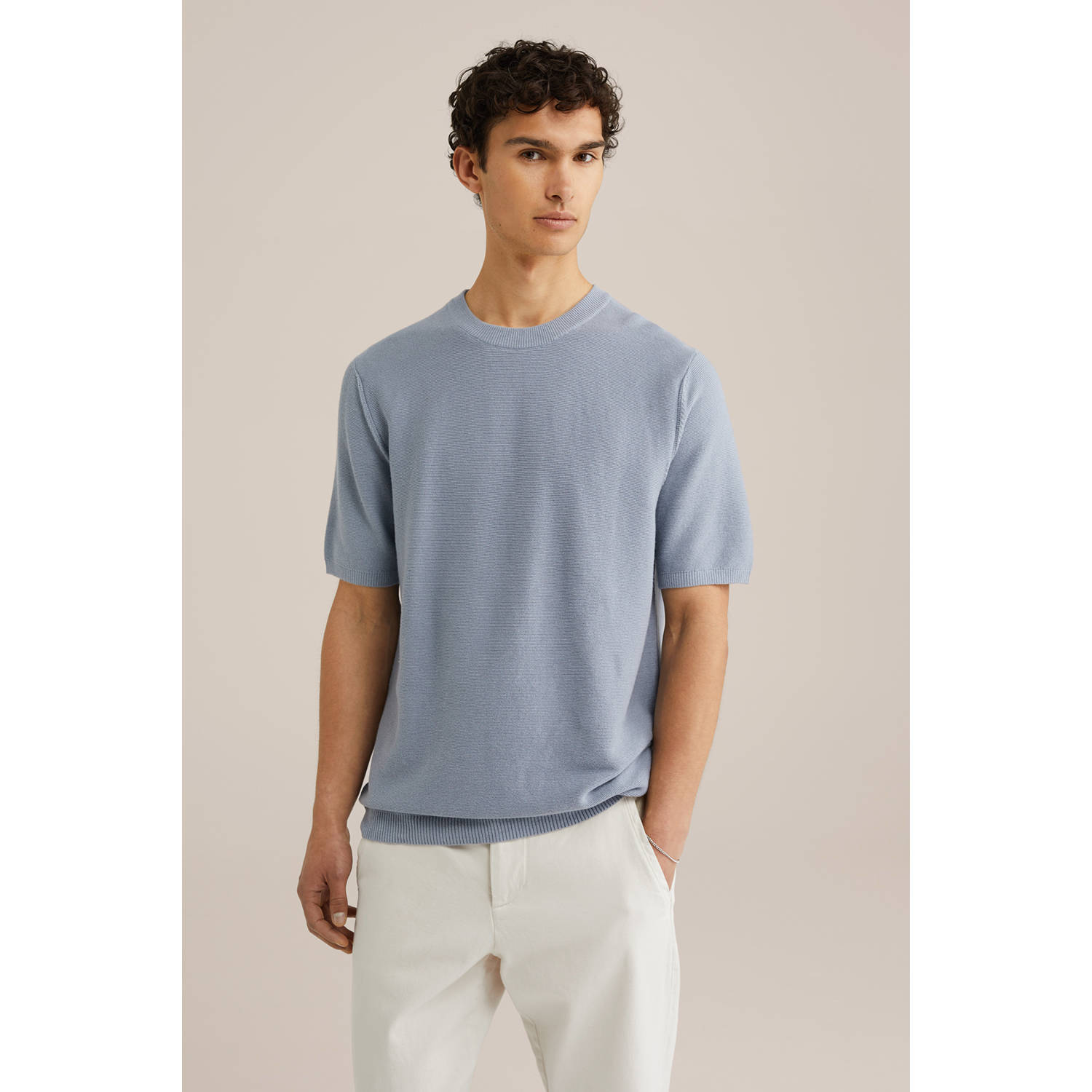 WE Fashion linnen T-shirt fijn gebreid blauw