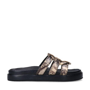 slippers met slangenprint beige/zwart