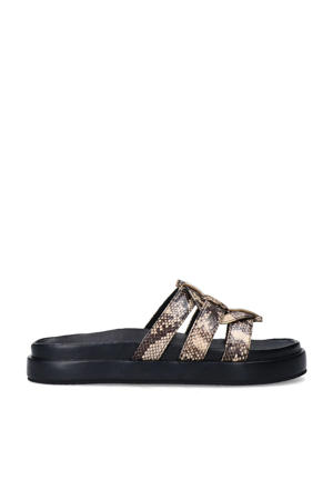 slippers met slangenprint beige/zwart