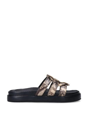 slippers met slangenprint beige/zwart