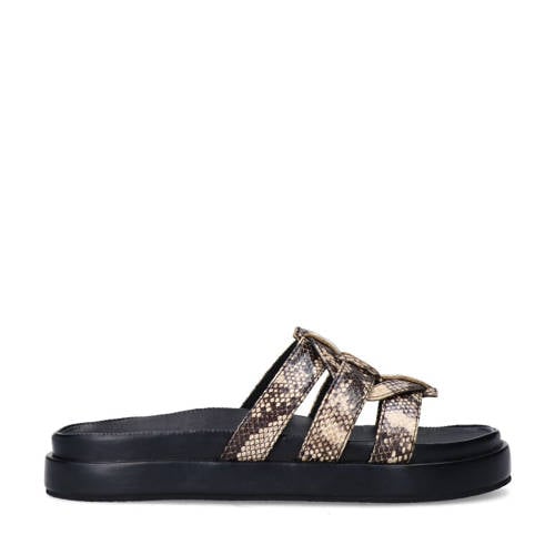Sacha slippers met slangenprint beige/zwart