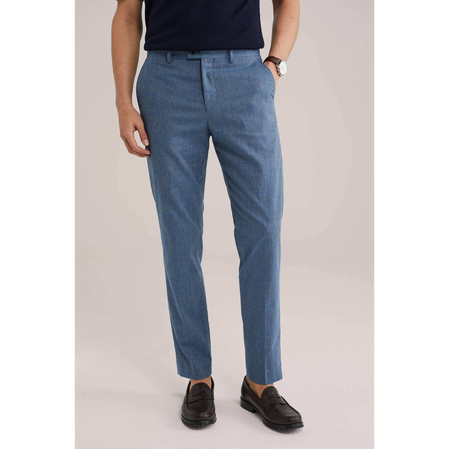 WE Fashion linnen slim pantalon blauw
