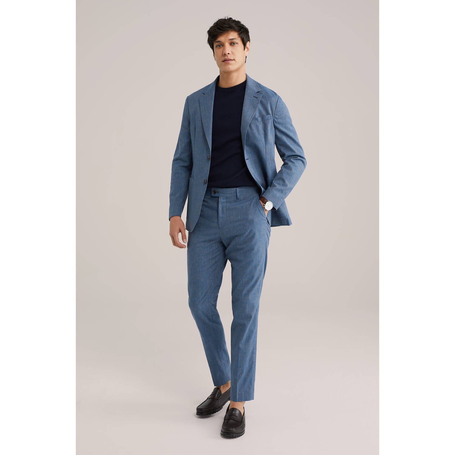 WE Fashion linnen slim pantalon blauw