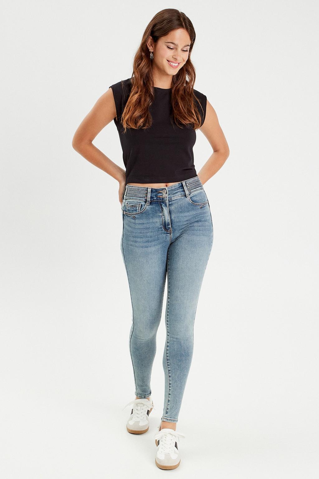 Light blue denim dames Cache Cache skinny jeans van denim met regular waist, rits- en knoopsluiting en effen