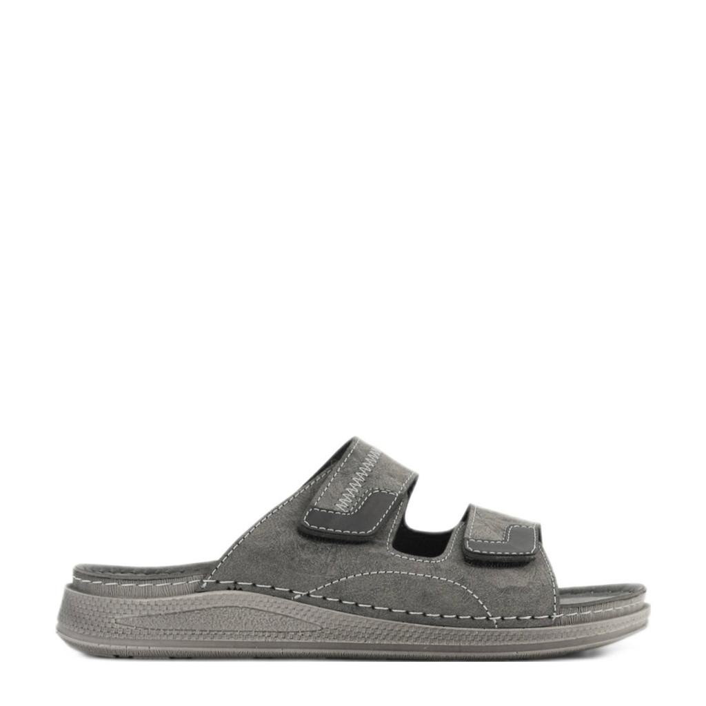 Grijze heren Easy Street comfort slippers van imitatieleer met klittenband