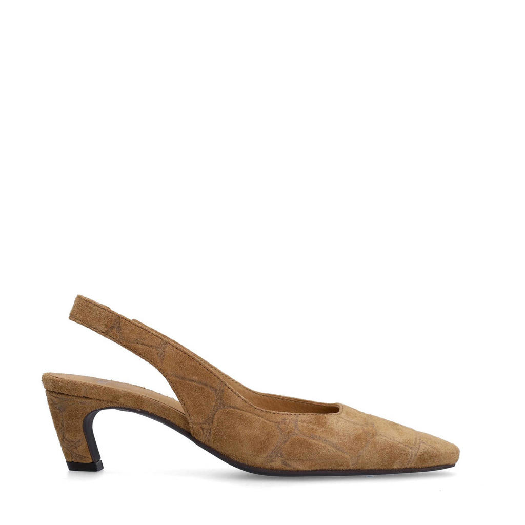Beige dames Manfield suède slingback pumps met kitten heel en effen