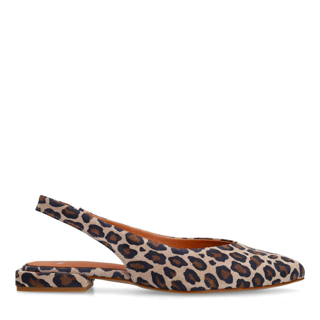 Beige en zwarte dames Manfield suède slingback loafers met panterprint