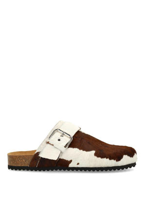 leren clogs met ponyhair en koeienprint bruin/wit