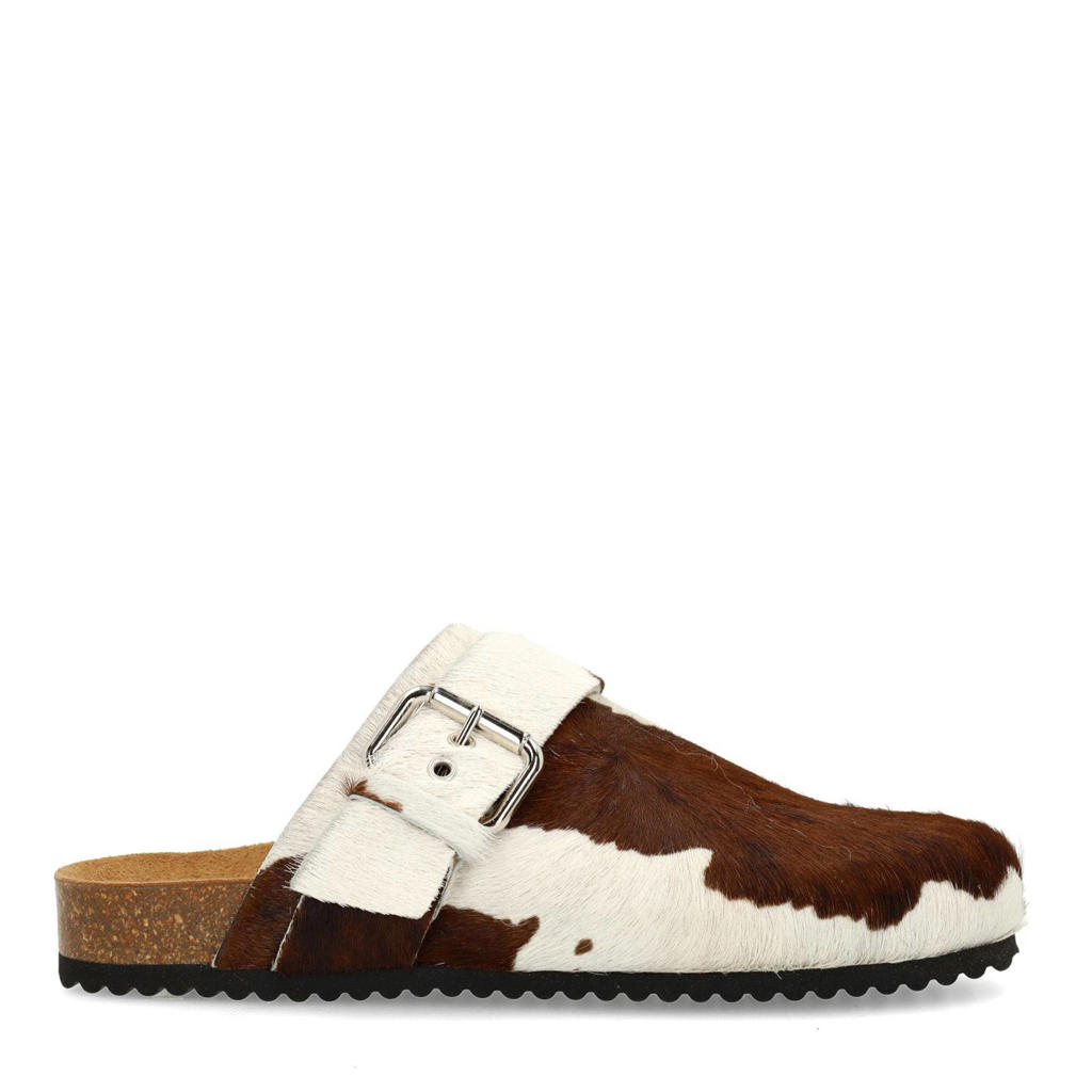 Bruin en witte dames Manfield leren clogs met ponyhair en met gesp