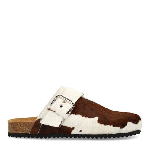 Manfield leren clogs met ponyhair en koeienprint bruin/wit afbeelding