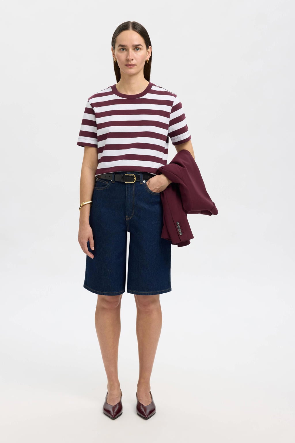 Donkerrood en ecru dames SELECTED FEMME T-shirt van katoen met strepenprint, korte mouwen en ronde hals