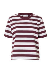 thumbnail: Donkerrood en ecru dames Selected T-shirt van katoen met strepenprint, korte mouwen en ronde hals