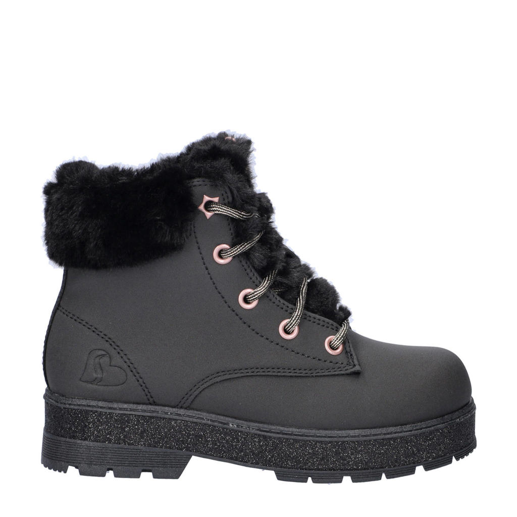 Zwarte meisjes Skechers Street Glitz gevoerde veterboots van imitatieleer