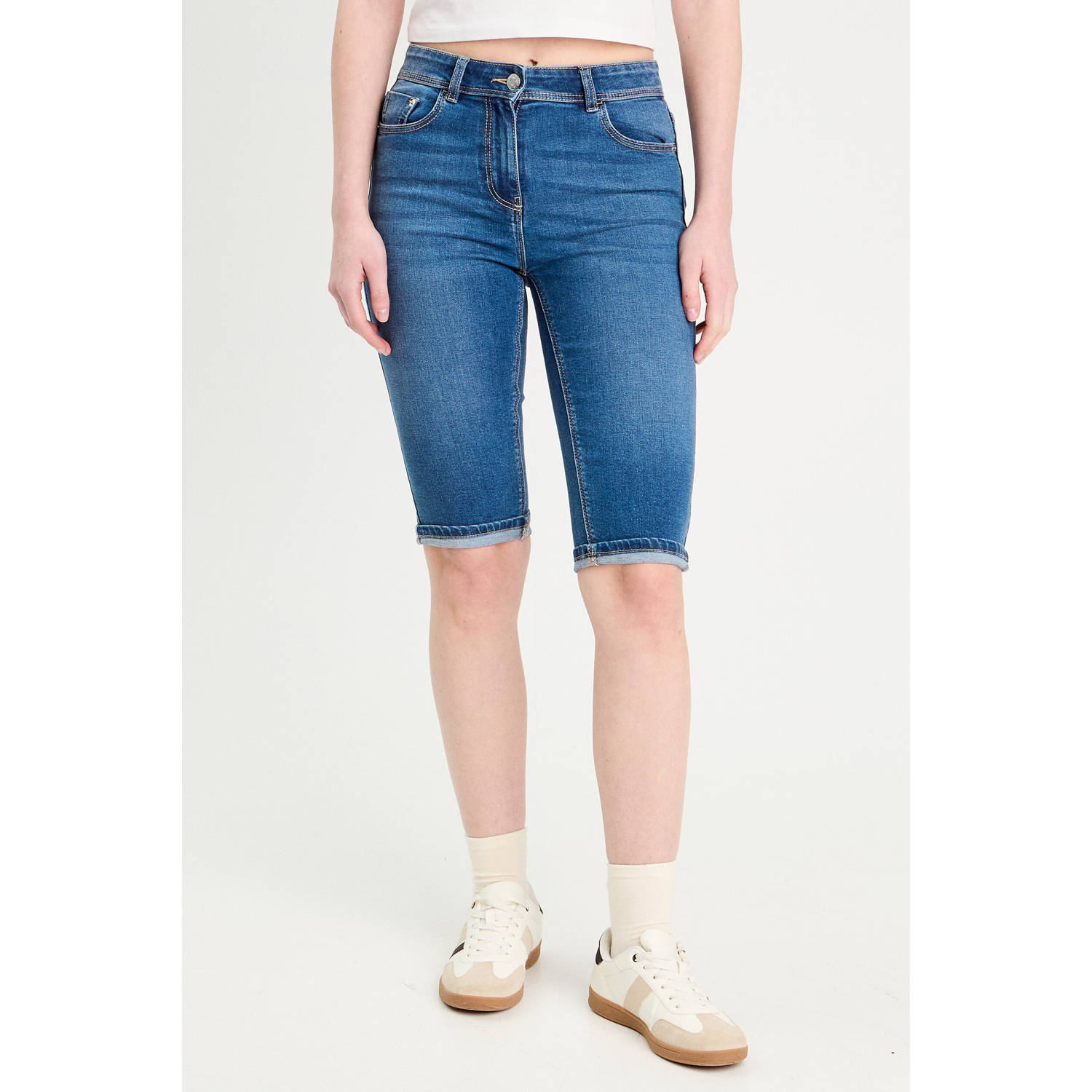 Cache denim slim regular waist short dark blue denim