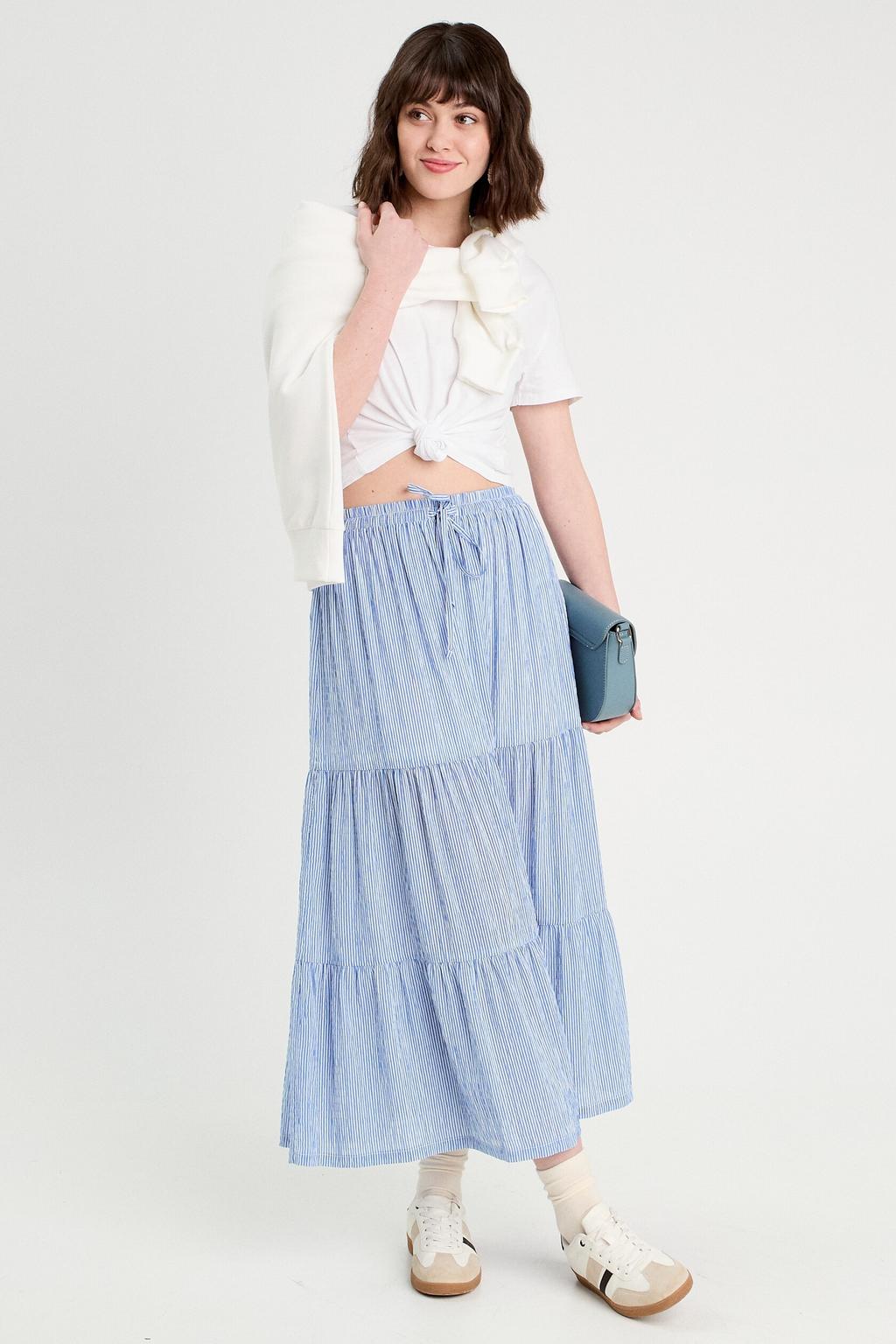 Blauw en ecru dames Cache Cache midi rok gemaakt van polyester en met elastische tailleband met koord