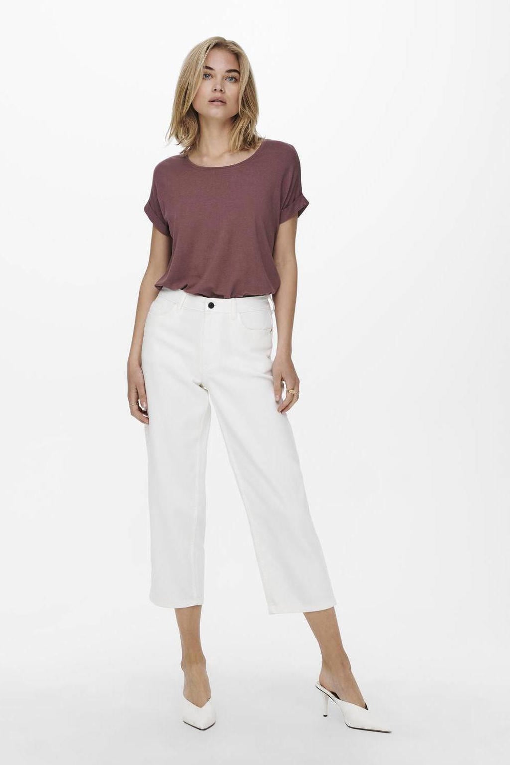 Roodbruine dames ONLY T-shirt van viscose met effen, korte mouwen, ronde hals en omslagdetail