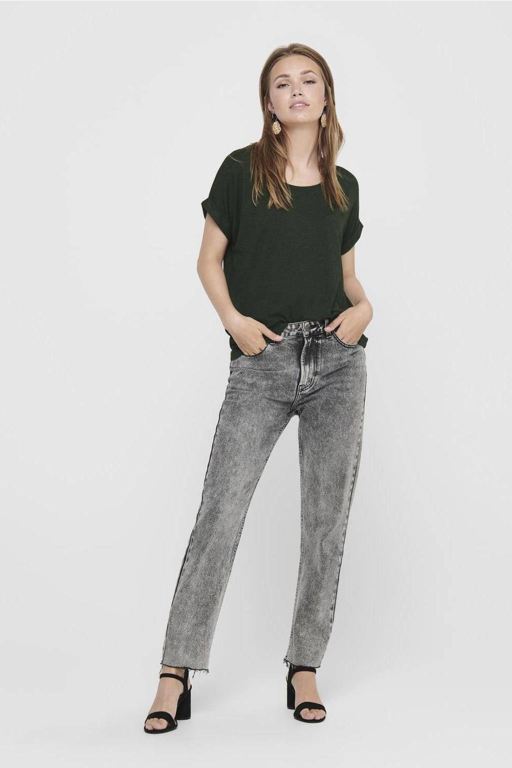 Donkergroene dames ONLY T-shirt van viscose met effen, korte mouwen, ronde hals en omslagdetail