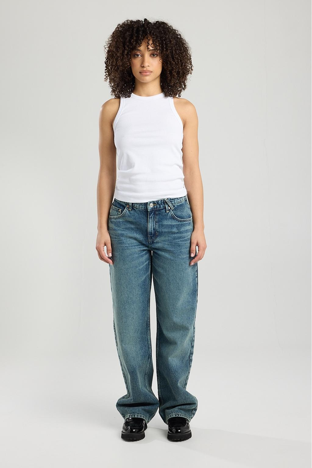 Dark blue denim dames America Today low waist wide leg jeans van denim met ritssluiting en effen