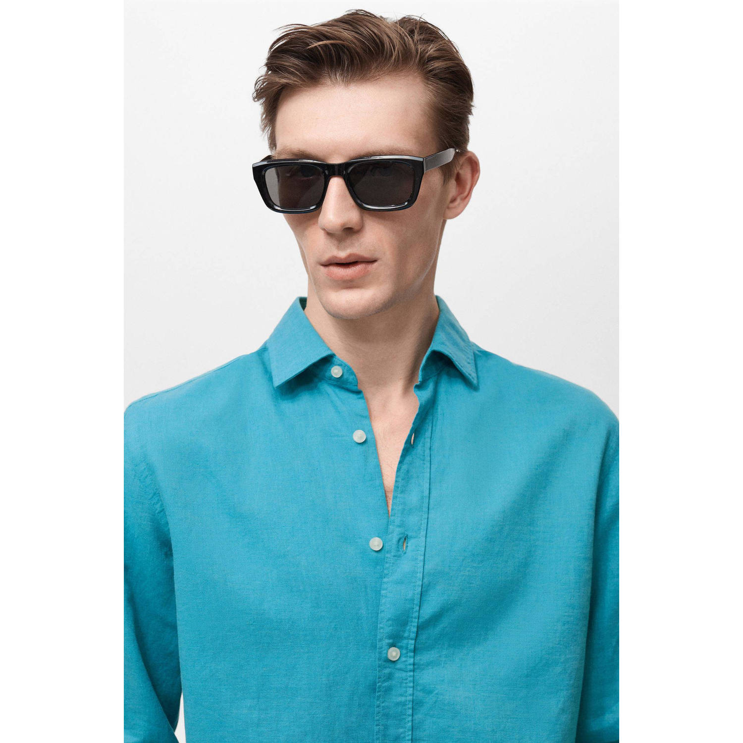 Mango Man linnen casual overhemd turquoise