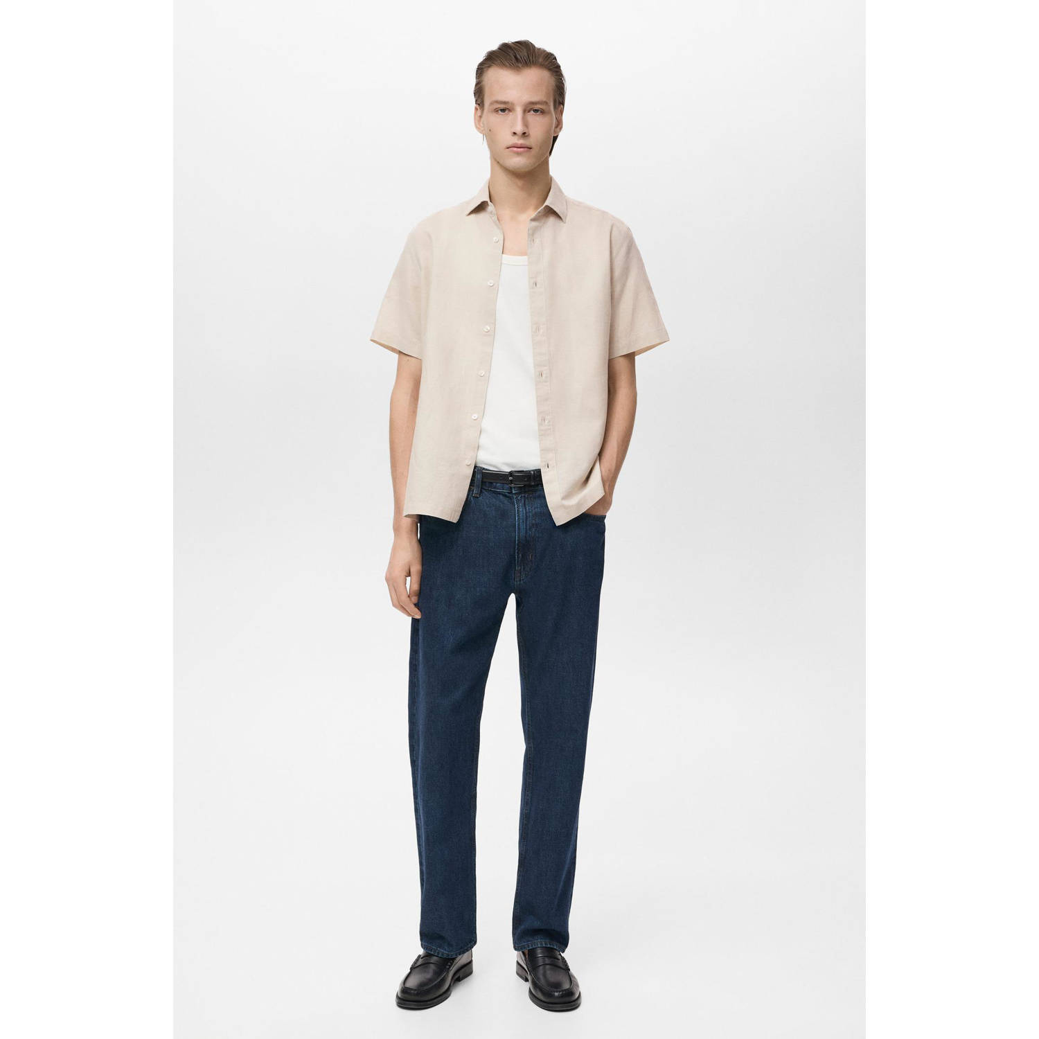 Mango Man linnen casual overhemd zand