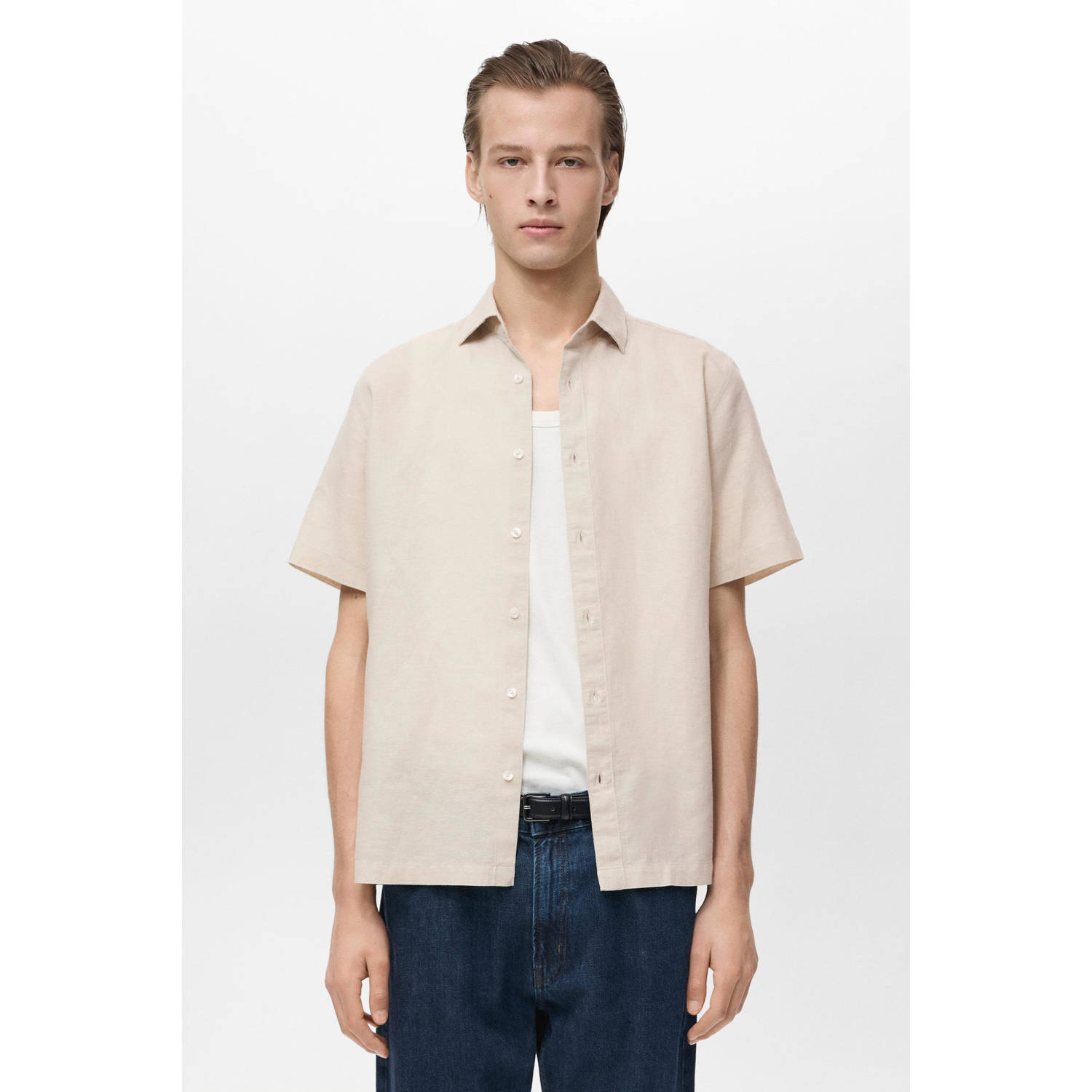 Mango Man linnen casual overhemd zand