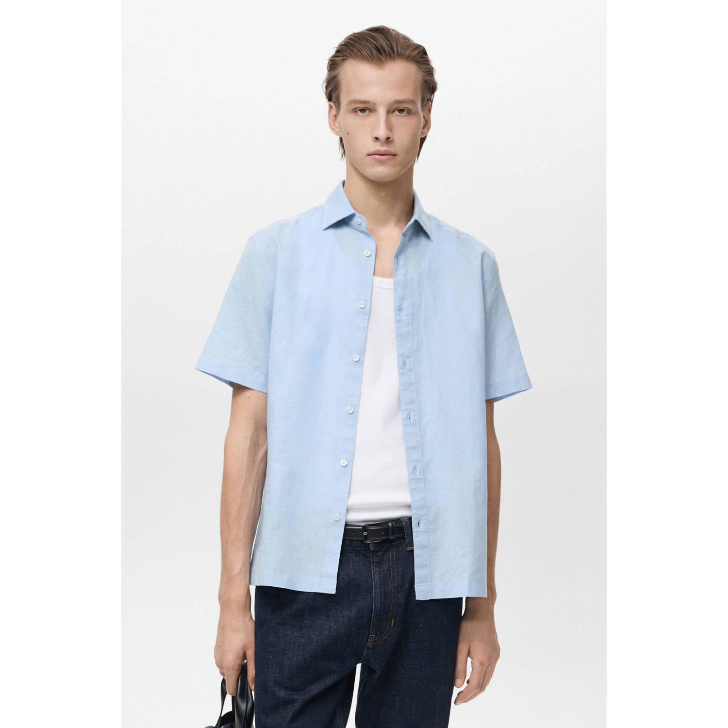 Mango Man linnen casual overhemd blauw