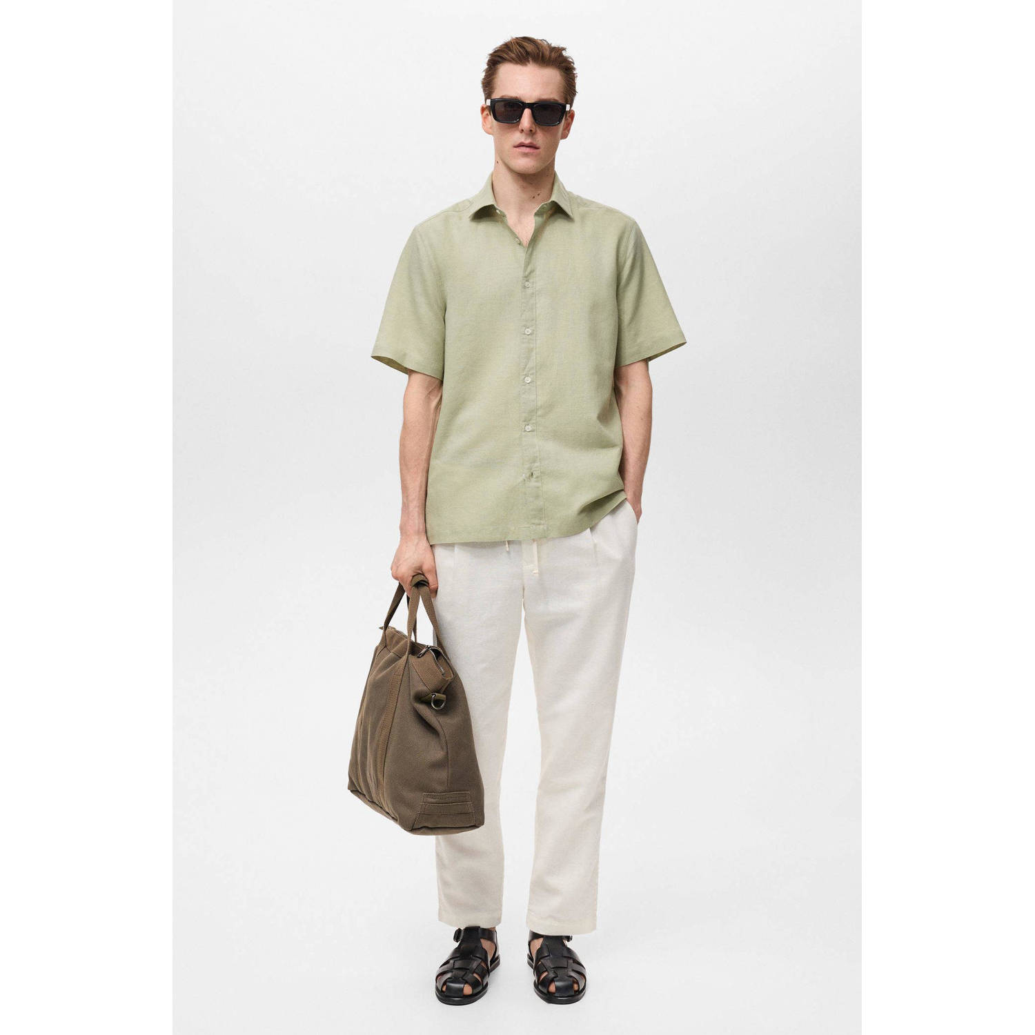 Mango Man linnen casual overhemd groen