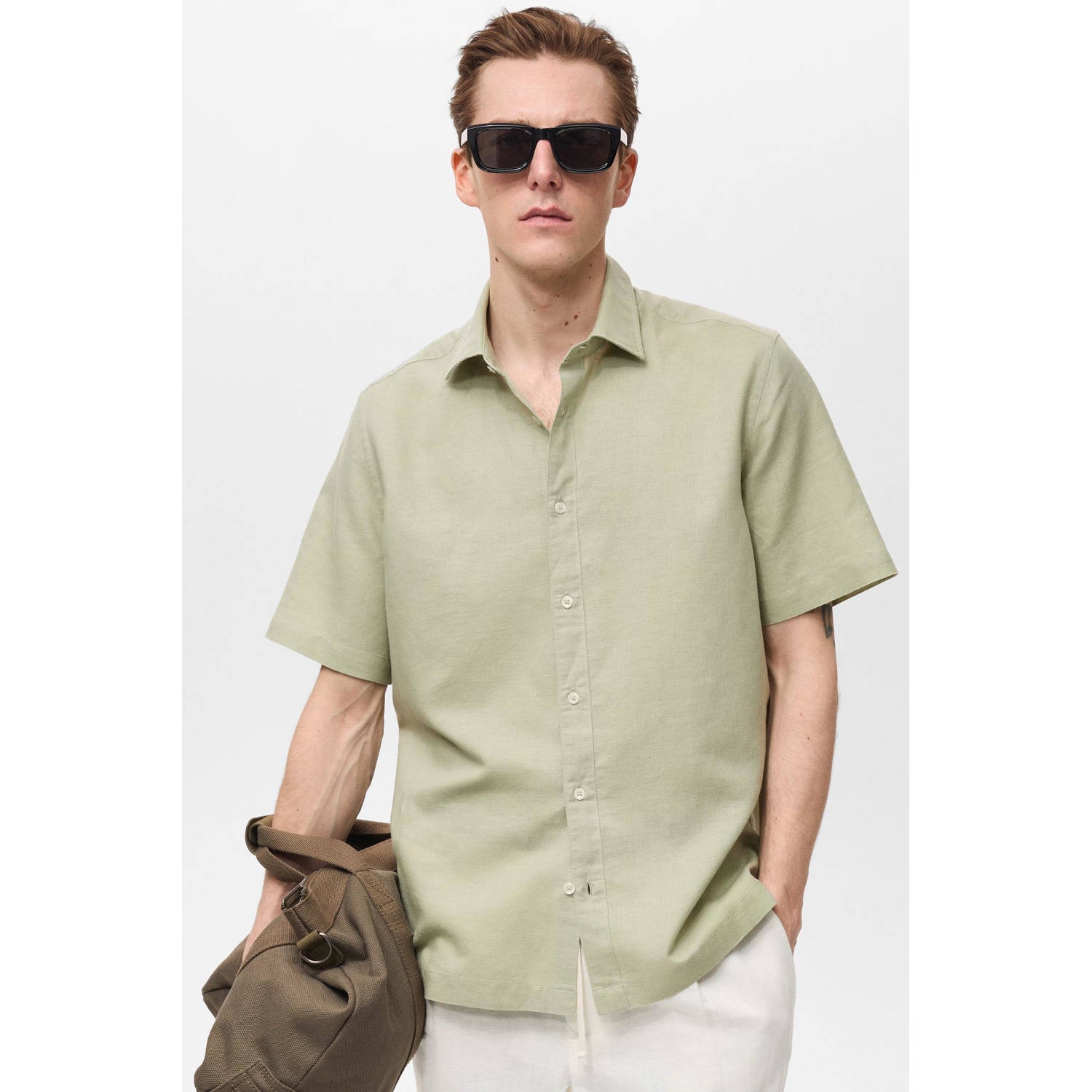 Mango Man linnen casual overhemd groen