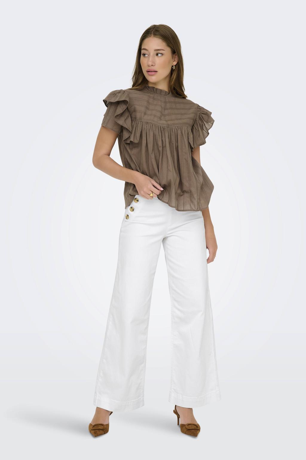 Witte dames ONLY wide leg high waist casual broek van katoen met knoopsluiting en effen