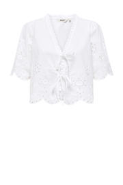 thumbnail: Witte dames ONLY blousetop broderie van katoen met effen, half lange mouwen, V-hals en striksluiting