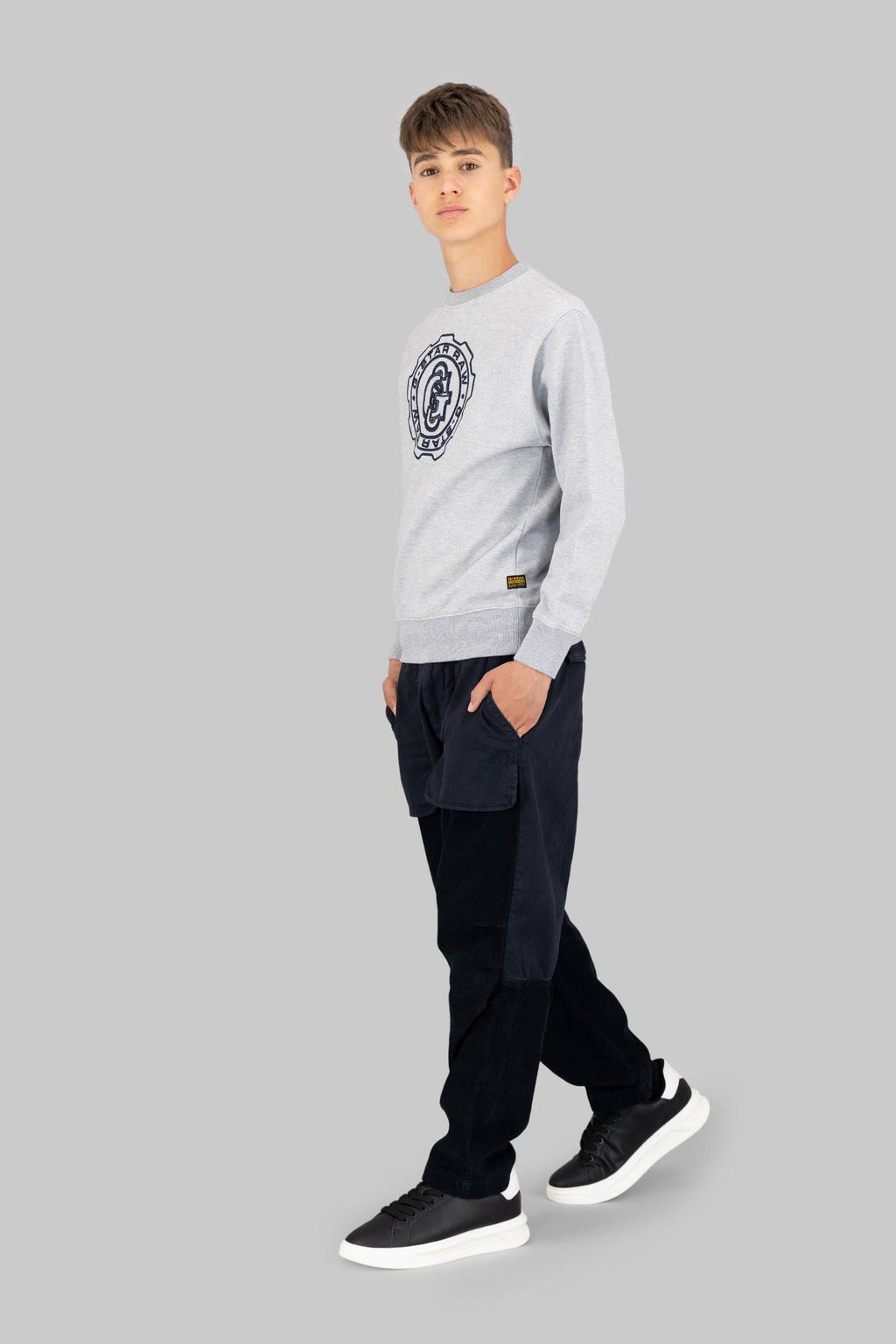 Donkerblauwe jongens G-STAR loose casual broek van katoen met high waist, rits- en knoopsluiting en effen