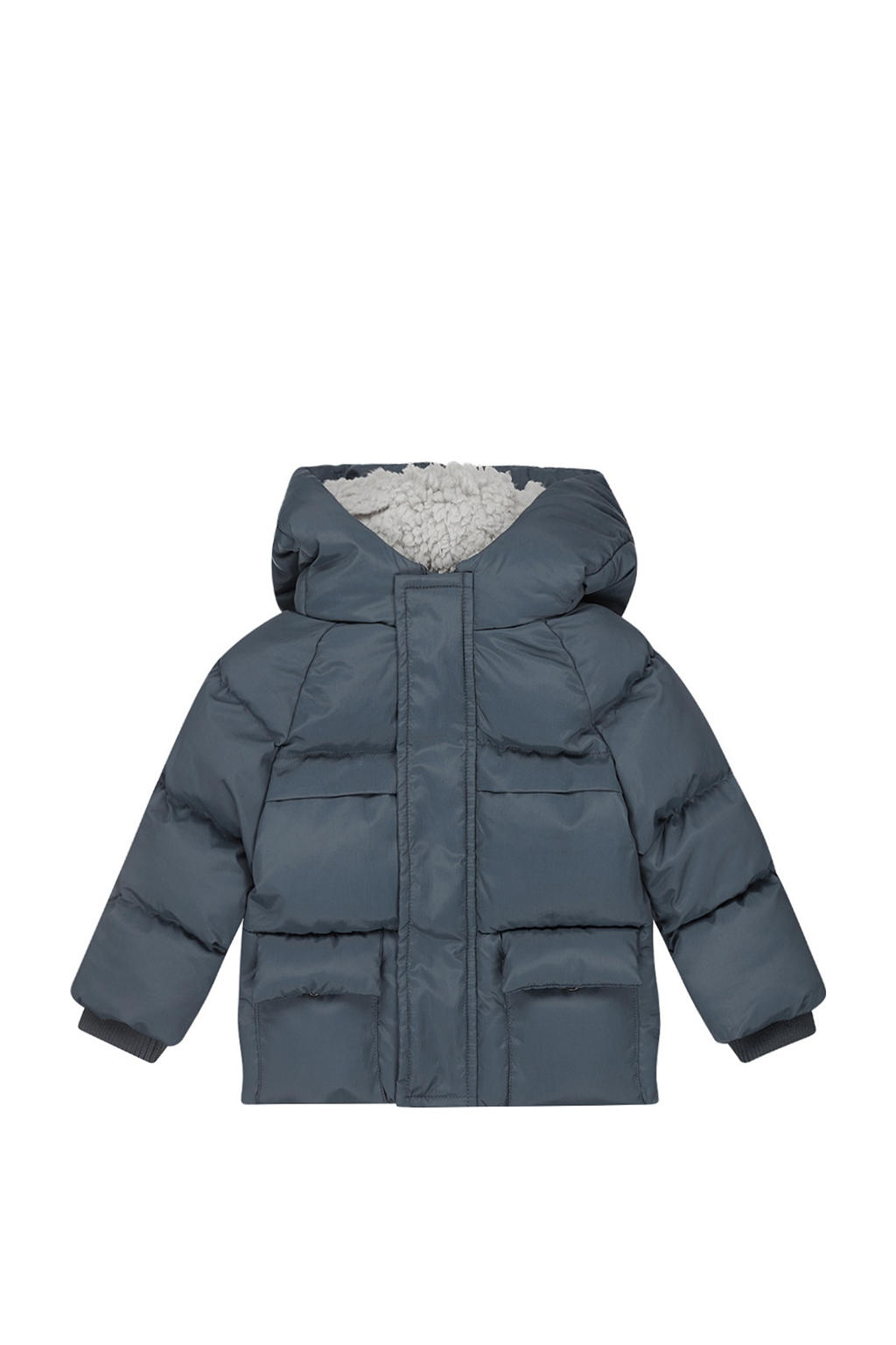 Grijsblauwe jongens Dirkje gewatteerde jas blauw van polyester met effen, lange mouwen, capuchon, rits- en drukknoopsluiting en doorgestikte details