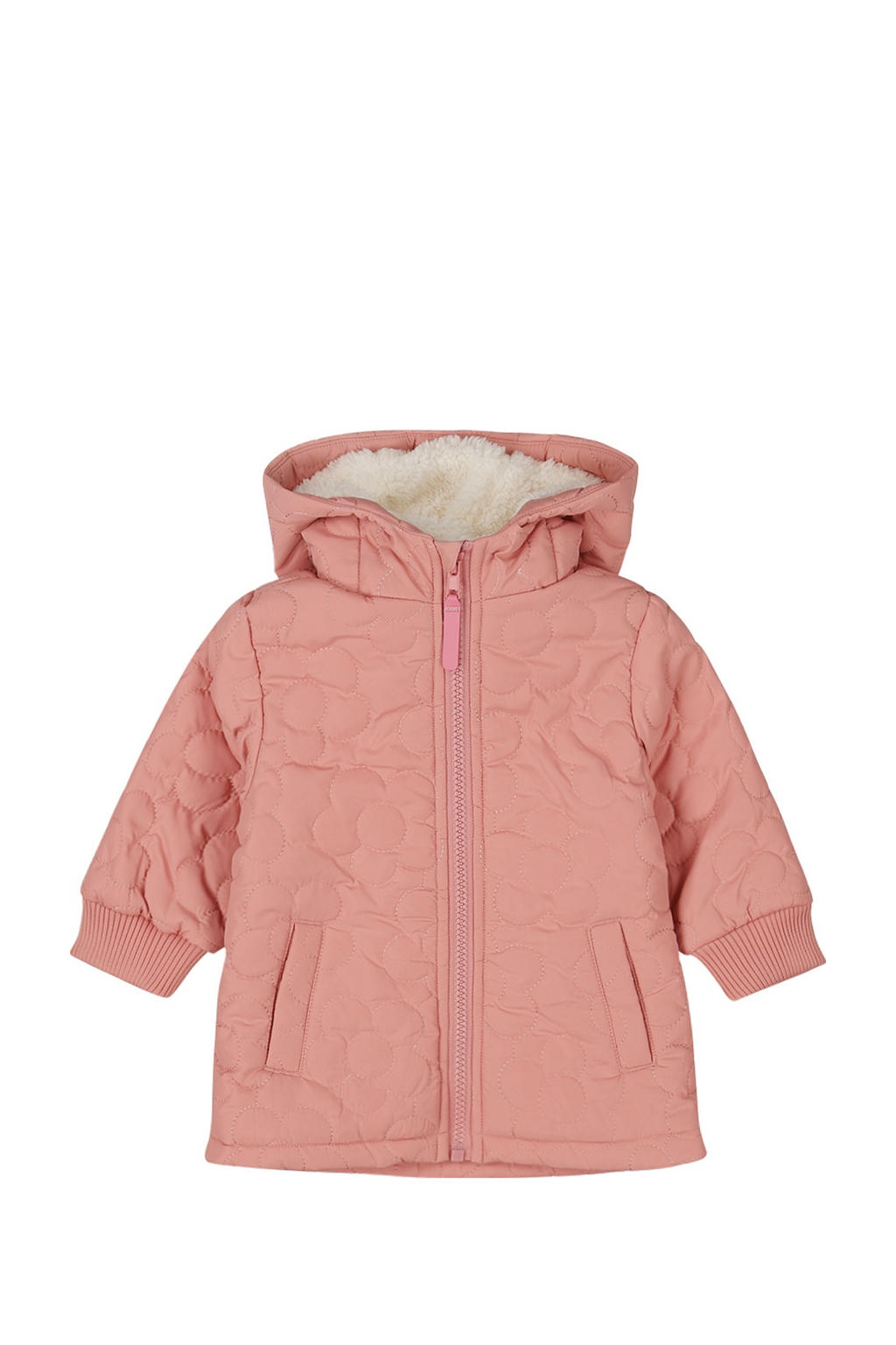 Roze meisjes Dirkje gewatteerde jas van polyester met effen, lange mouwen, capuchon, ritssluiting en doorgestikte details