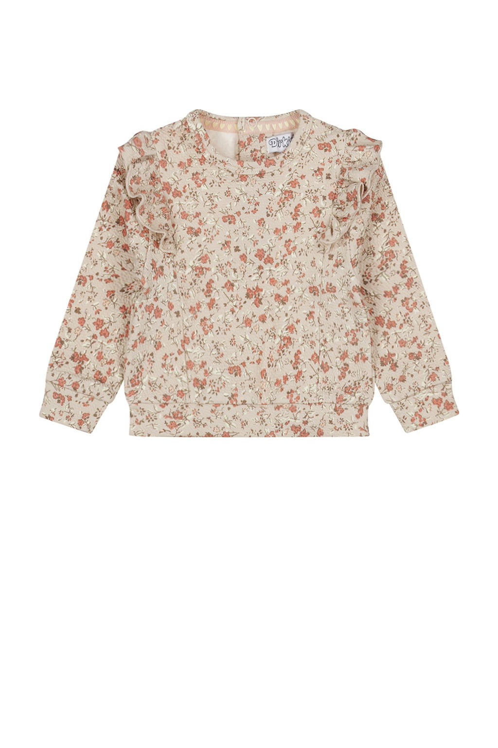 Beige meisjes Dirkje sweater met bloemenprint, lange mouwen, ronde hals, drukknoopsluiting en ruches